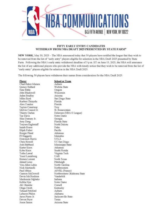 杨瀚森或受益于NBA官方50名球员退出2025年选秀名单