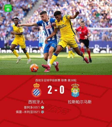 西班牙人2-0战胜拉斯帕尔马斯保级成功